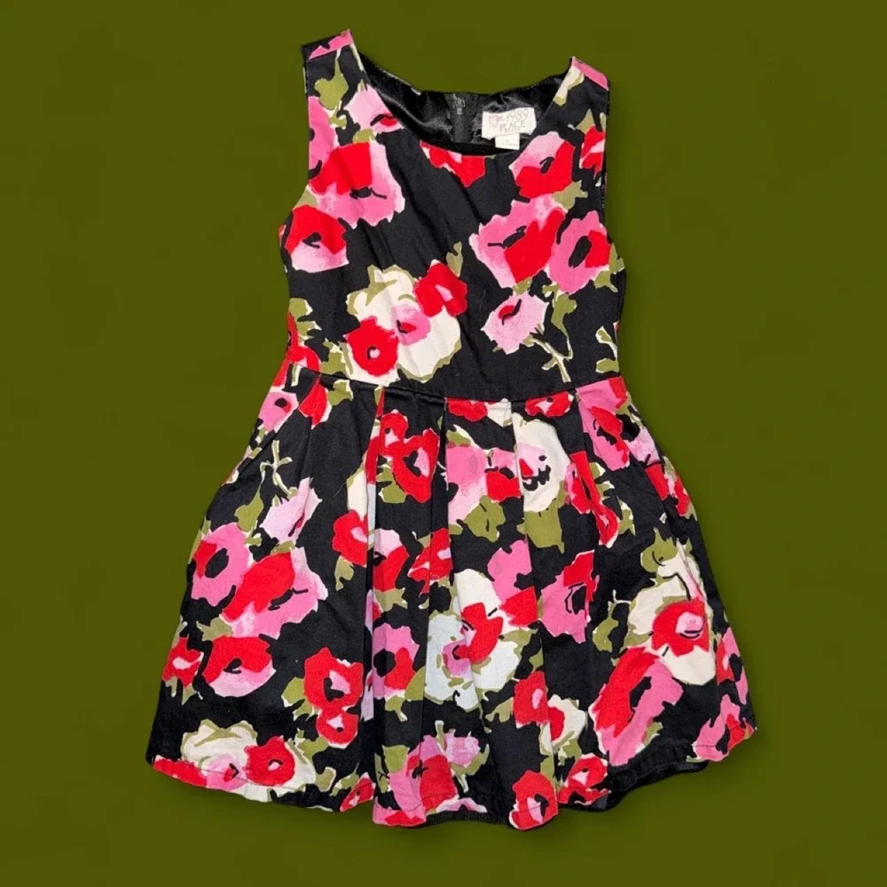 The Children's Place Girls Floral Party Dress Size 4 Black Pink Cotton